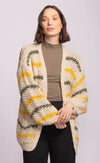 Pink Martini Samoa Sweater striped cardigan with bubble sleeves in cream, olive, and yellow – front view, available at Lemonberry in Aurora