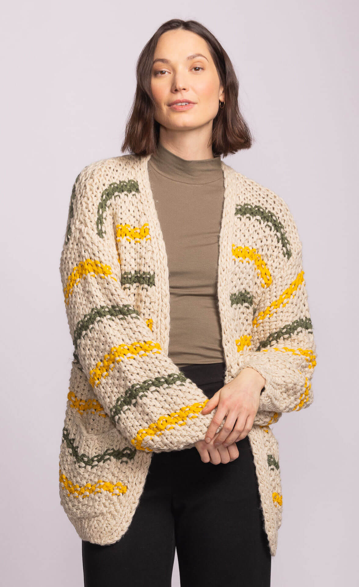 Pink Martini Samoa Sweater striped cardigan with bubble sleeves in cream, olive, and yellow – front view, available at Lemonberry in Aurora