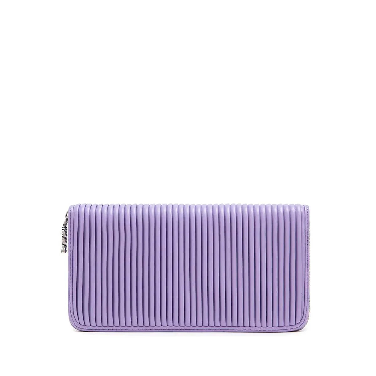 Front view of Pixie Mood Sandy Wallet in Lavender with pleated exterior and zip-around closure – available at Lemonberry, Aurora.