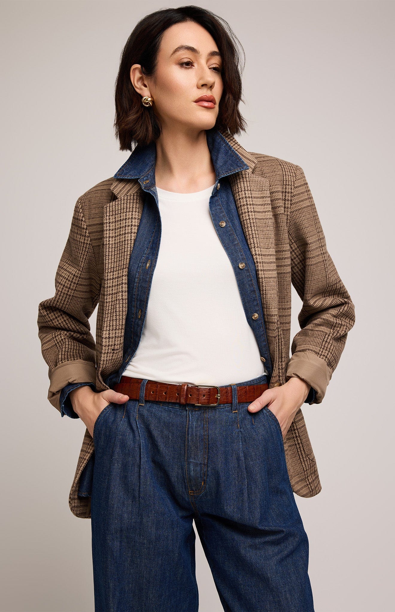Full outfit with Gentle Fawn Sapphira Jacket in chocolate check, paired with denim trousers and boots