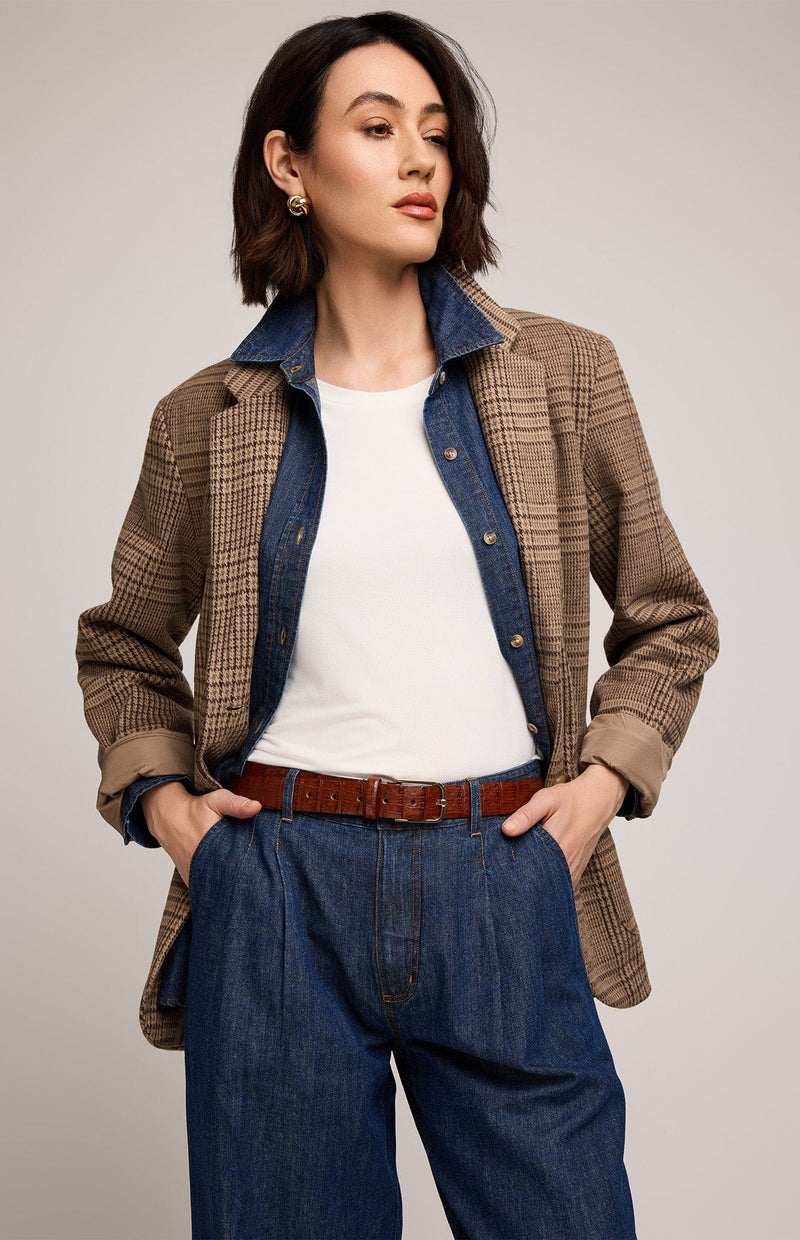 Full outfit with Gentle Fawn Sapphira Jacket in chocolate check, paired with denim trousers and boots
