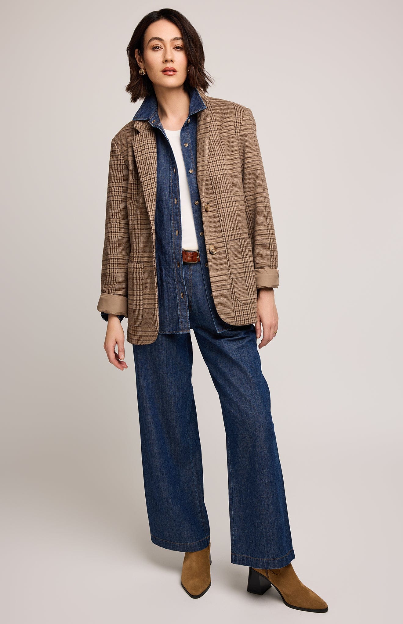 Gentle Fawn Sapphira Jacket in chocolate check, button-front design with layered denim shirt.