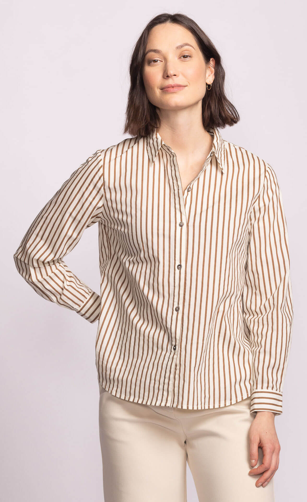 Brown striped shirt with vertical pattern, lightweight cotton fabric, Toronto style