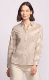 Pink Martini Sapphire Top in brown striped cotton, button-up shirt styled with cream pants – available at Lemonberry Aurora