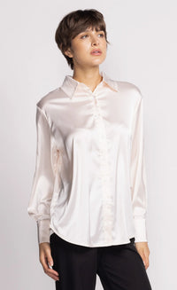 close-up of ivory satin shirt collar and buttons — Pink Martini, Lemonberry Aurora detail