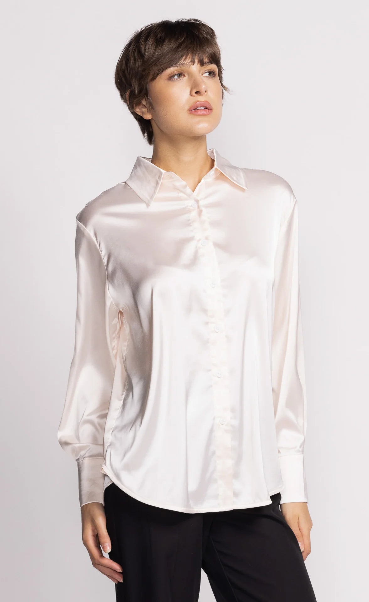 close-up of ivory satin shirt collar and buttons — Pink Martini, Lemonberry Aurora detail