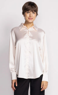ivory satin button-up shirt with relaxed drape — Pink Martini, Lemonberry Aurora model