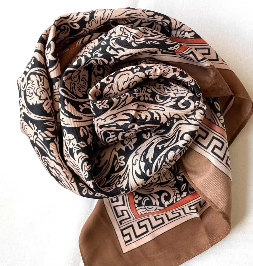 Satin silk square scarf brown printed satin large square front view Lemonberry Aurora