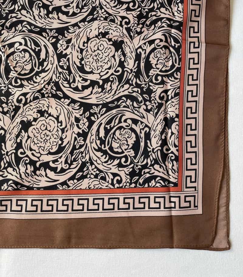 Satin silk square scarf brown printed satin styled fold view Lemonberry Aurora