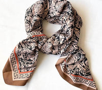 Satin silk square scarf brown printed satin styled neck wrap view Lemonberry Aurora