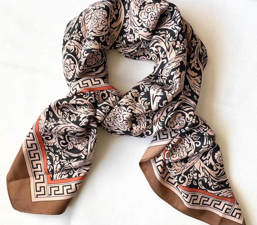 Satin silk square scarf brown printed satin styled neck wrap view Lemonberry Aurora