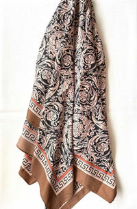 Satin silk square scarf brown printed satin hanging drape view Lemonberry Aurora
