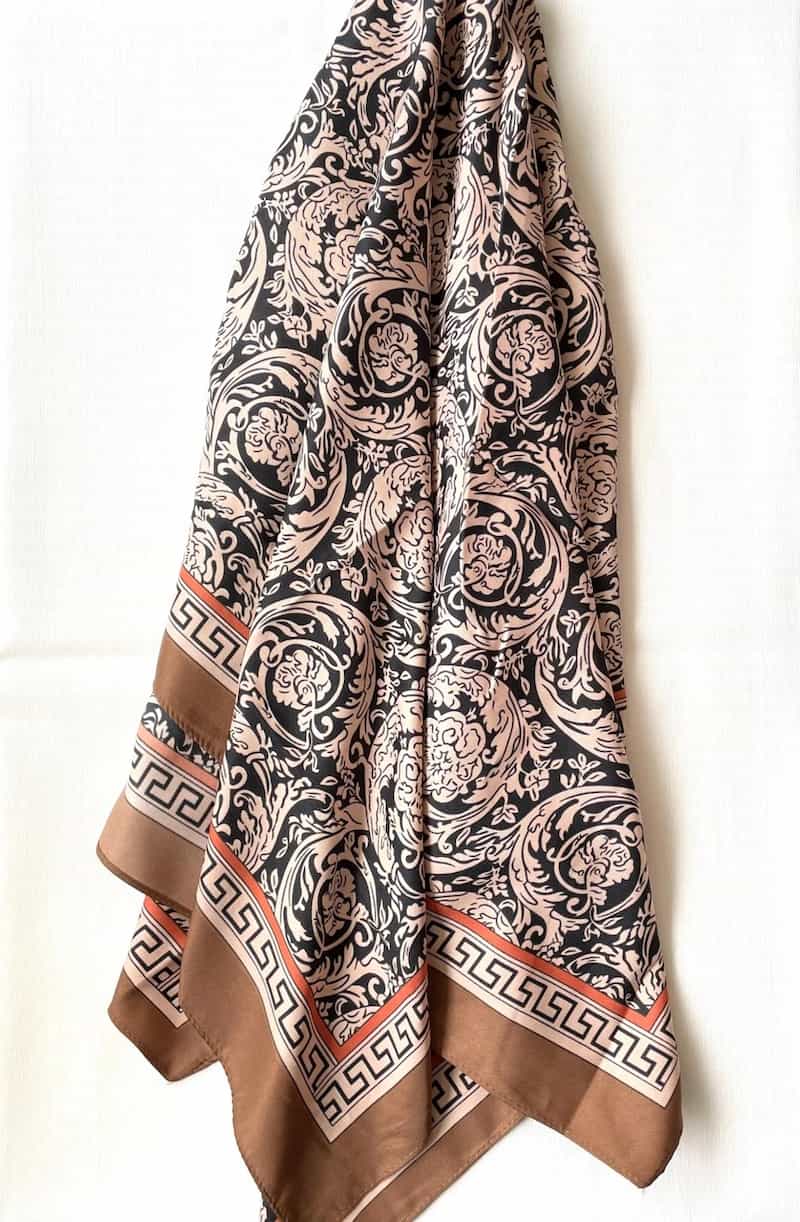 Satin silk square scarf brown printed satin hanging drape view Lemonberry Aurora
