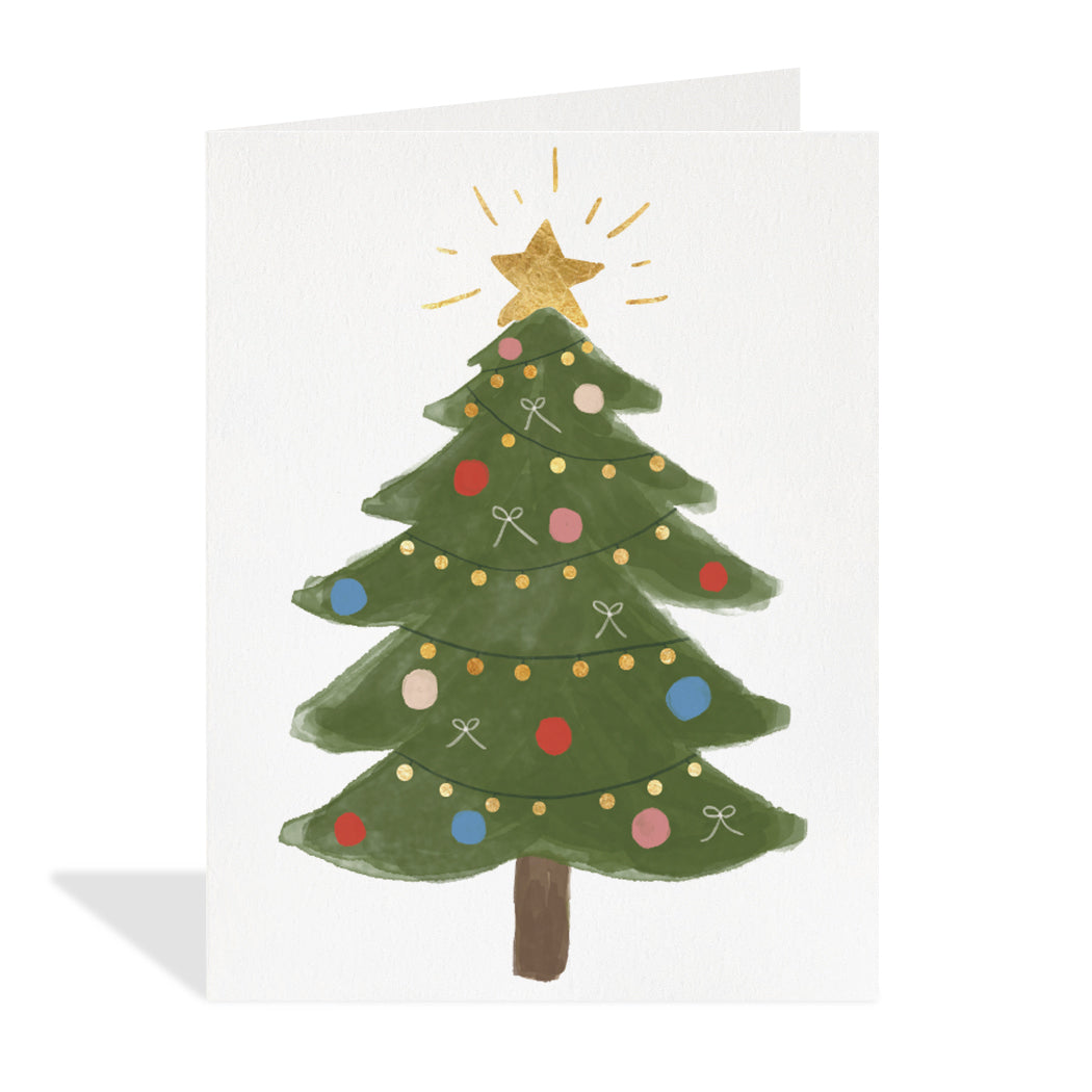 Christmas card with painted tree and gold foil star — Lemonberry Aurora holiday stationery