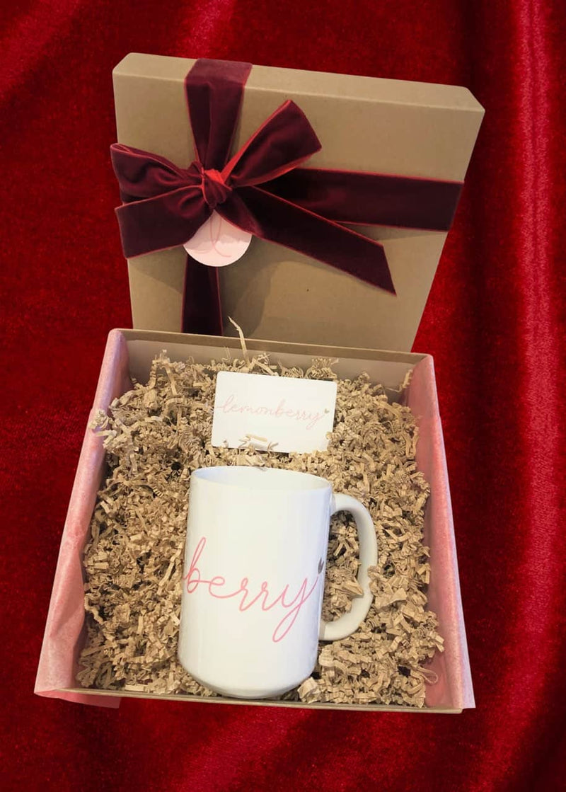 Front view of the Shop & Sip Gift Box with Lemonberry mug, optional gift card, and ribbon-wrapped packaging — Lemonberry Aurora.