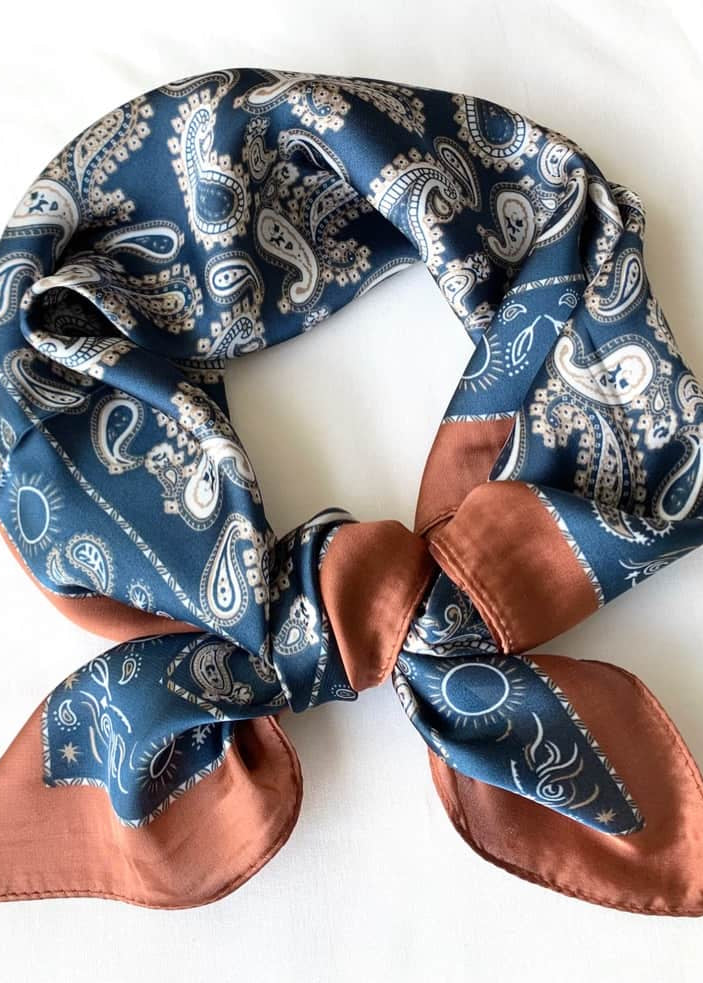silky satin scarf blue paisley square scarf flat view Lemonberry Aurora