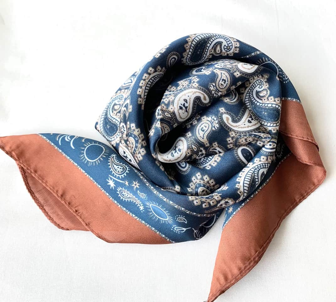silky satin scarf blue paisley square scarf front view Lemonberry Aurora