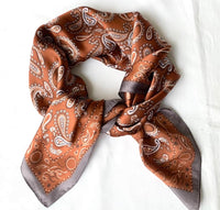 silky satin scarf brown paisley square scarf view Lemonberry Aurora