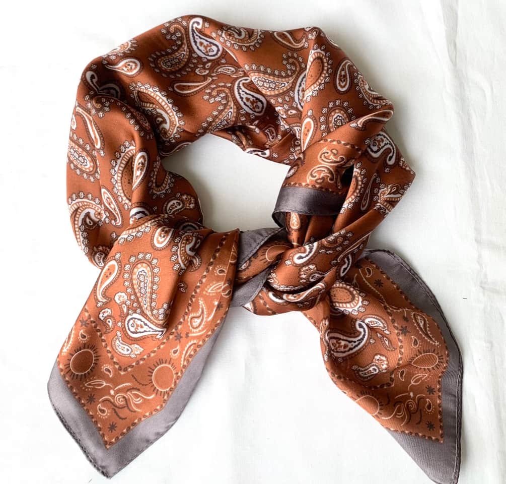 silky satin scarf brown paisley square scarf view Lemonberry Aurora