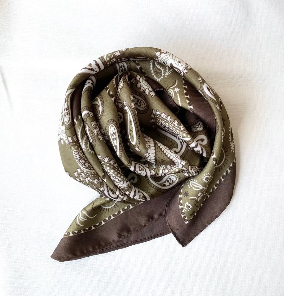 silky satin scarf green paisley square scarf view Lemonberry Aurora