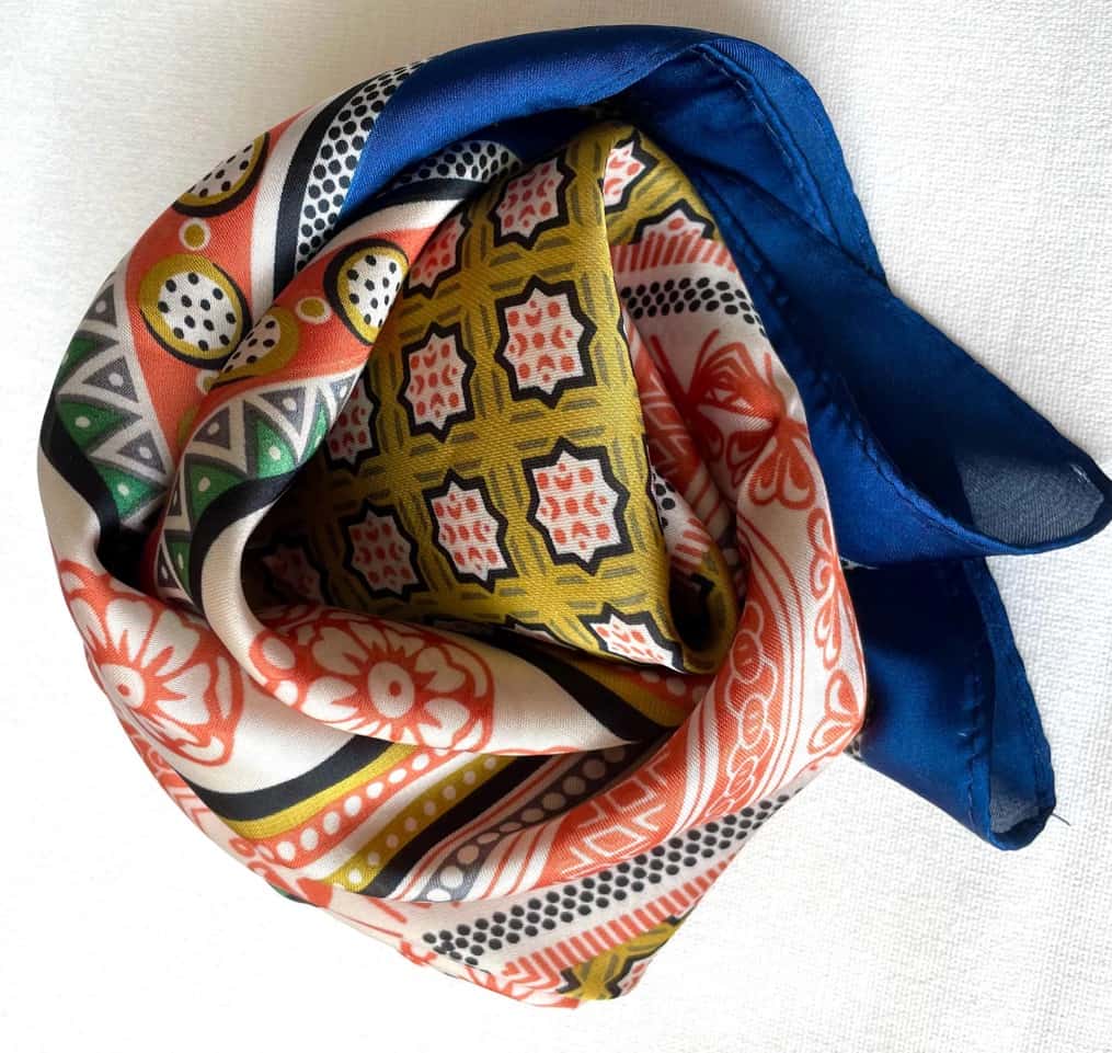 silky satin scarf multicolour square scarf flat view Lemonberry Aurora