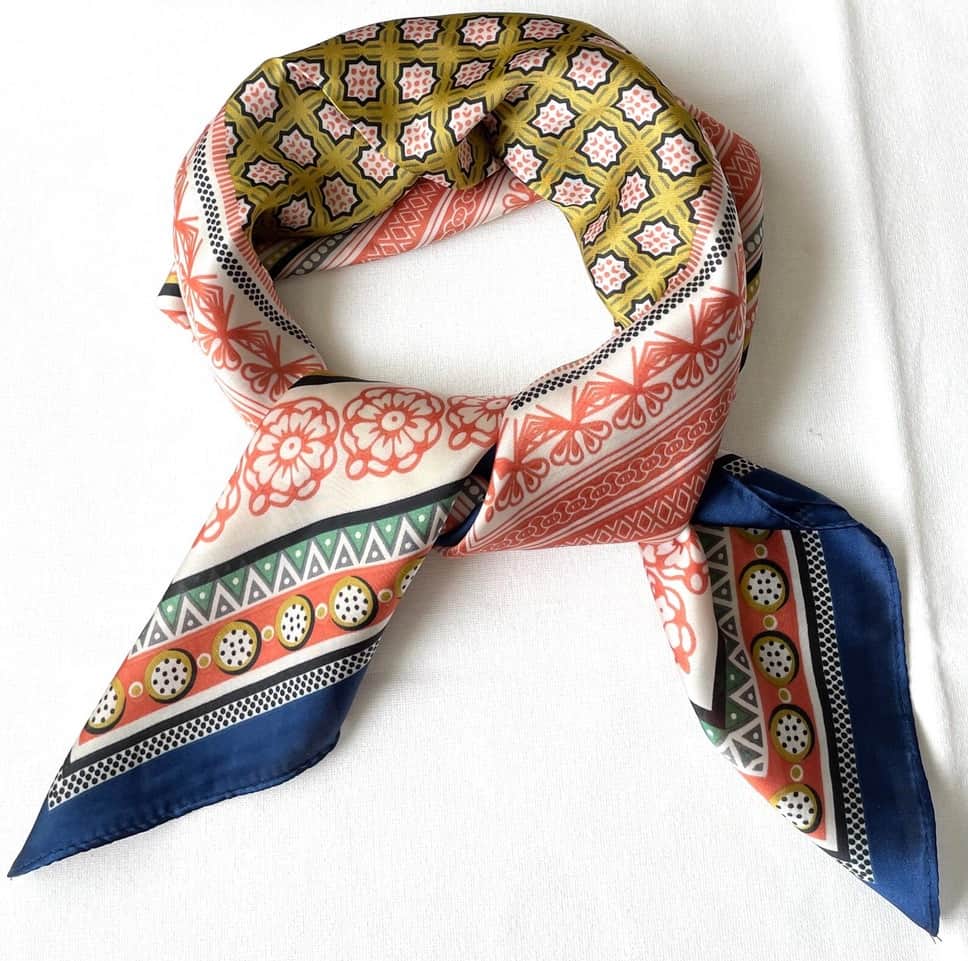 silky satin scarf multicolour square hair scarf front view Lemonberry Aurora
