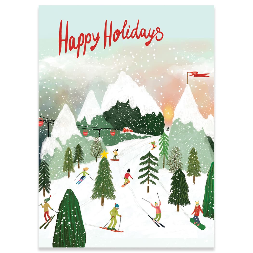 Illustrated ski mountain holiday card with snowy slopes and skiers — Lemonberry Aurora flat lay