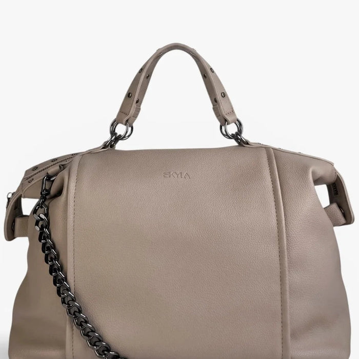 Skyla LONDON Taupe satchel bag front view Lemonberry Aurora