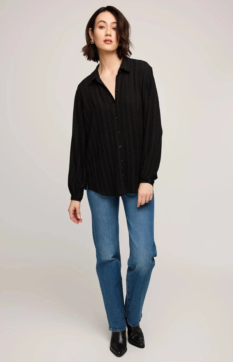 Gentle Fawn Solana Shirt in black with embroidered detail, styled with jeans – Richmond Hill area boutique