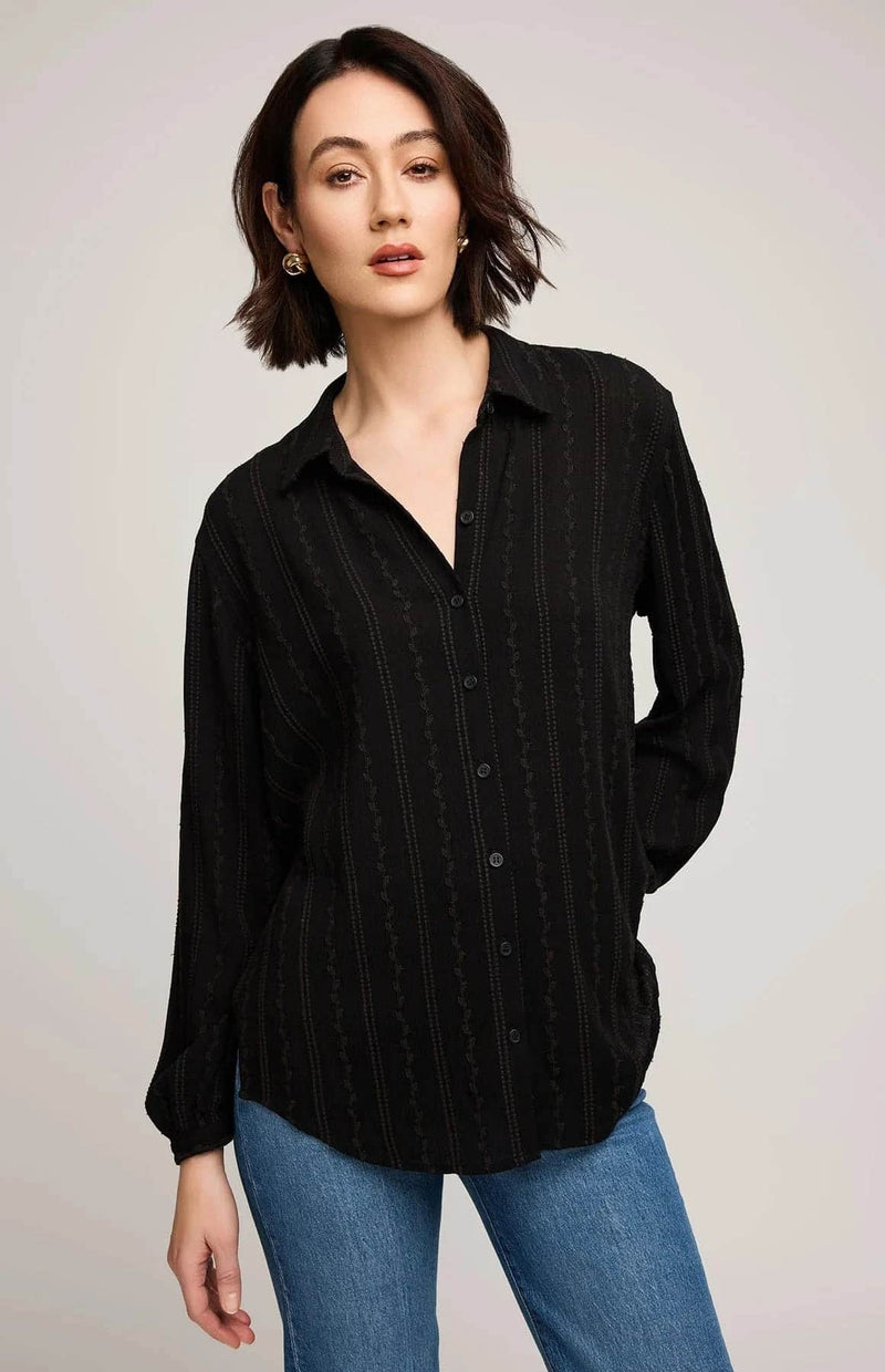 Close-up of Gentle Fawn Solana Shirt in black, buttoned front with embroidered striping – Lemonberry Aurora
