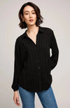 Close-up of Gentle Fawn Solana Shirt in black, buttoned front with embroidered striping – Lemonberry Aurora