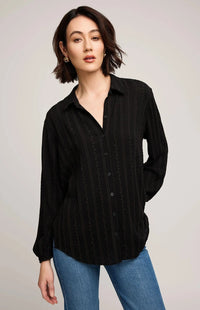 Close-up of Gentle Fawn Solana Shirt in black, buttoned front with embroidered striping – Lemonberry Aurora