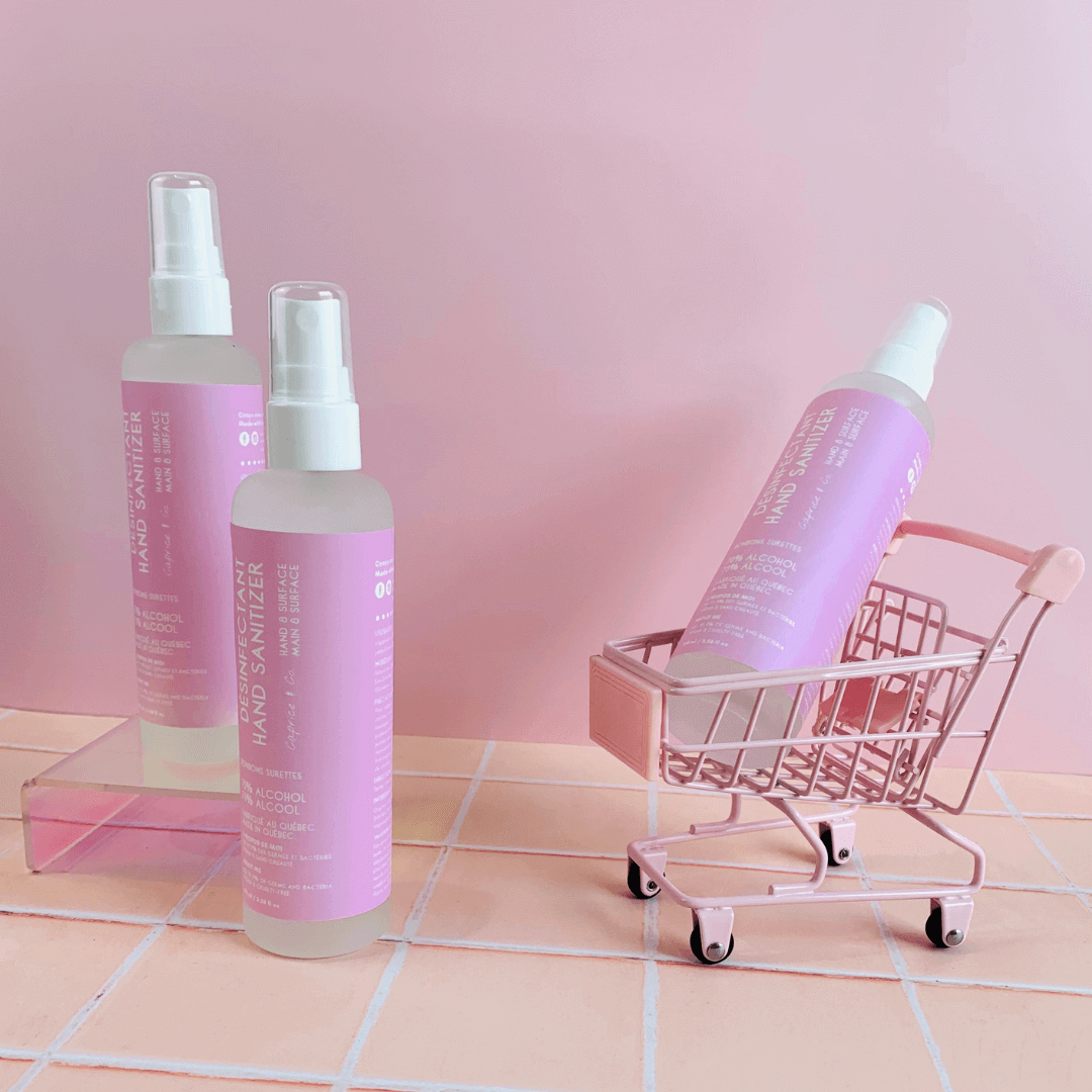 Sour Candy sanitizer styled in a tiny pink shopping cart for fun, boutique feel