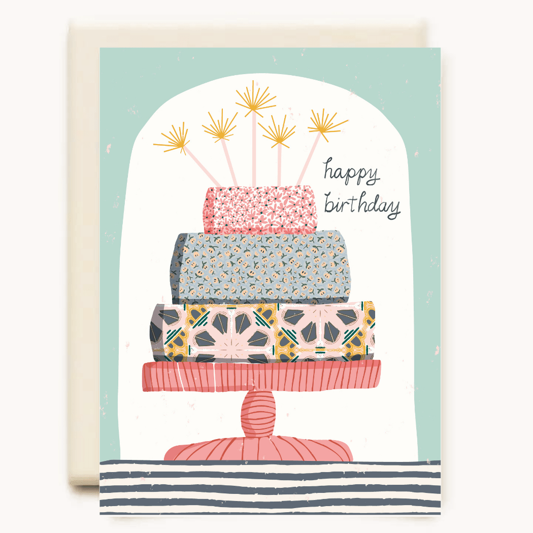 Sparkler Birthday Cake Card featuring illustrated patterned cake with golden sparklers, eco-friendly Canadian-made design