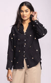 front view of Pink Martini Spezia Top in black with embroidered hearts — Lemonberry Aurora