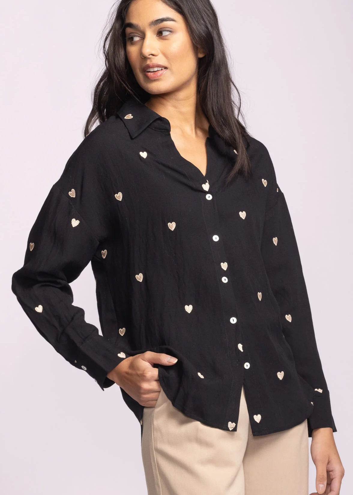 close-up of Pink Martini Spezia Top showing gold embroidered heart details — Lemonberry Aurora