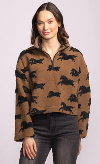 Spirit Jacket by Pink Martini in camel fleece with horse silhouettes, cropped boxy fit – Lemonberry Aurora