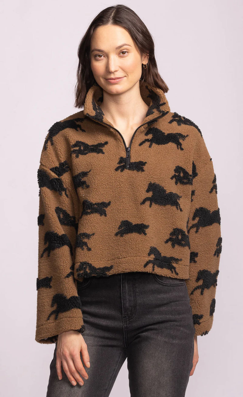 Spirit Jacket by Pink Martini in camel fleece with horse silhouettes, cropped boxy fit – Lemonberry Aurora