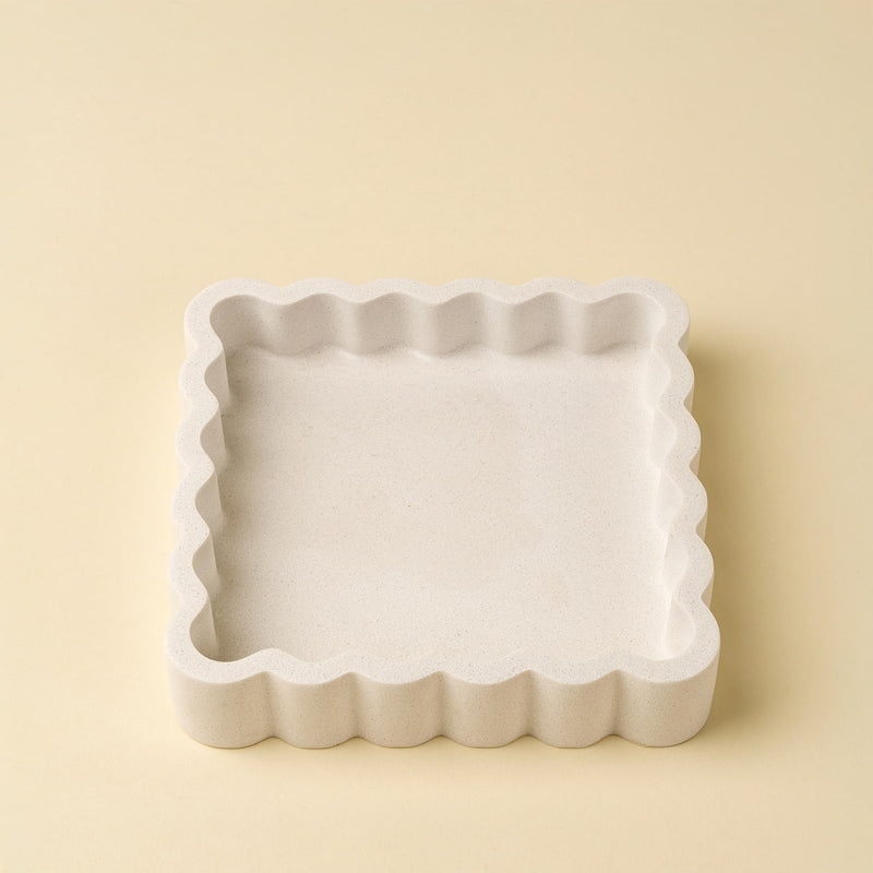 Square stoneware jewellery plate with scalloped edges and a natural speckled finish, styled on a neutral background at Lemonberry Aurora