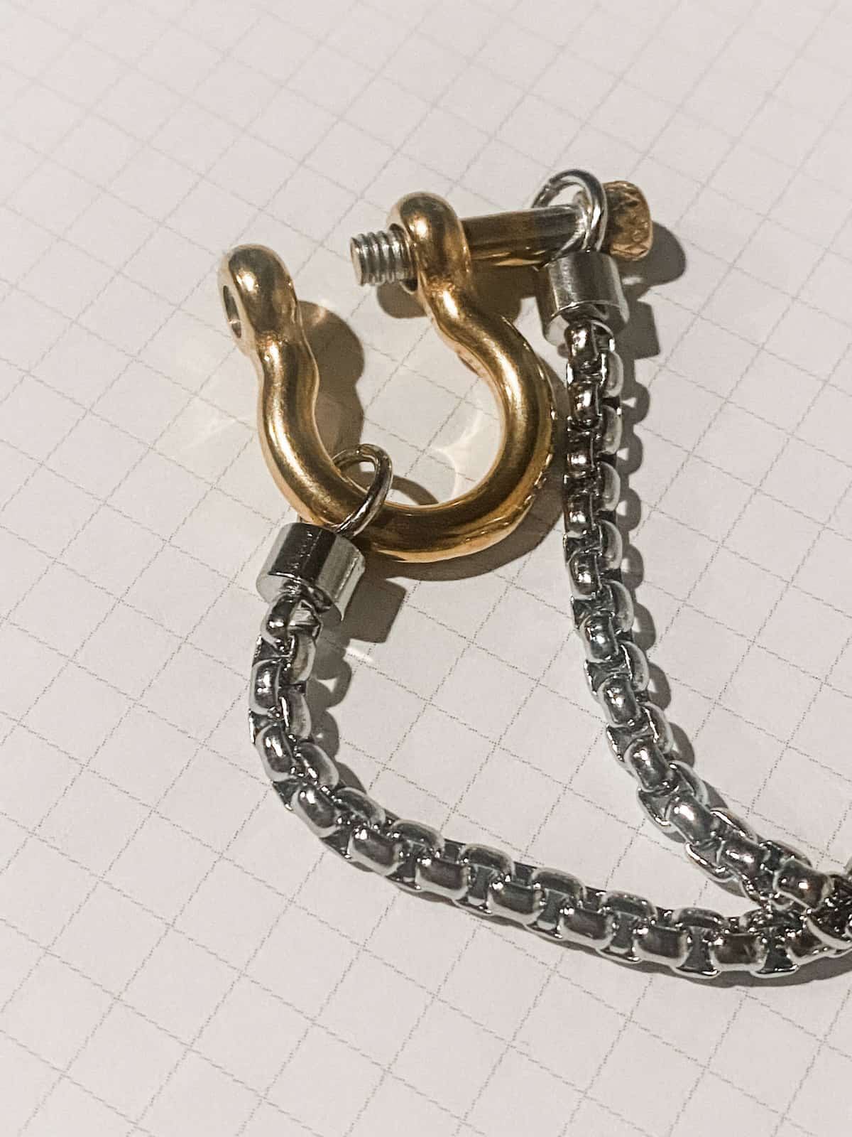 Gold carabiner clasp detail with silver stainless steel chain flat lay Lemonberry Aurora