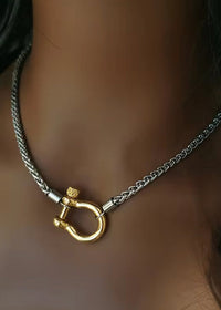 Two tone stainless steel carabiner necklace front view on model Lemonberry Aurora