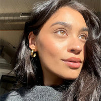 Gold Jenny Bird Staple Hoops pair — studio detail shot, Lemonberry Aurora jewelry