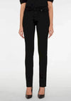 Full front view of straight leg black jeans, soft stretch denim, available at Lemonberry Aurora