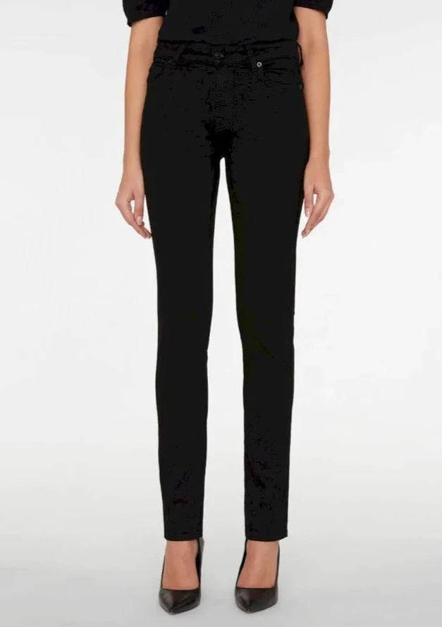 Full front view of straight leg black jeans, soft stretch denim, available at Lemonberry Aurora