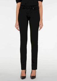 Full front view of straight leg black jeans, soft stretch denim, available at Lemonberry Aurora
