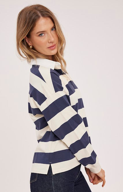 Navy and white striped collared top by Gentle Fawn, side view — Lemonberry Aurora