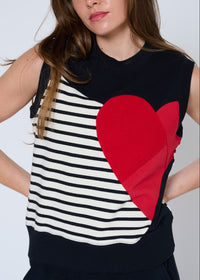Sleeveless striped cotton vest with red heart appliqué, Preloved, front view — Lemonberry Aurora