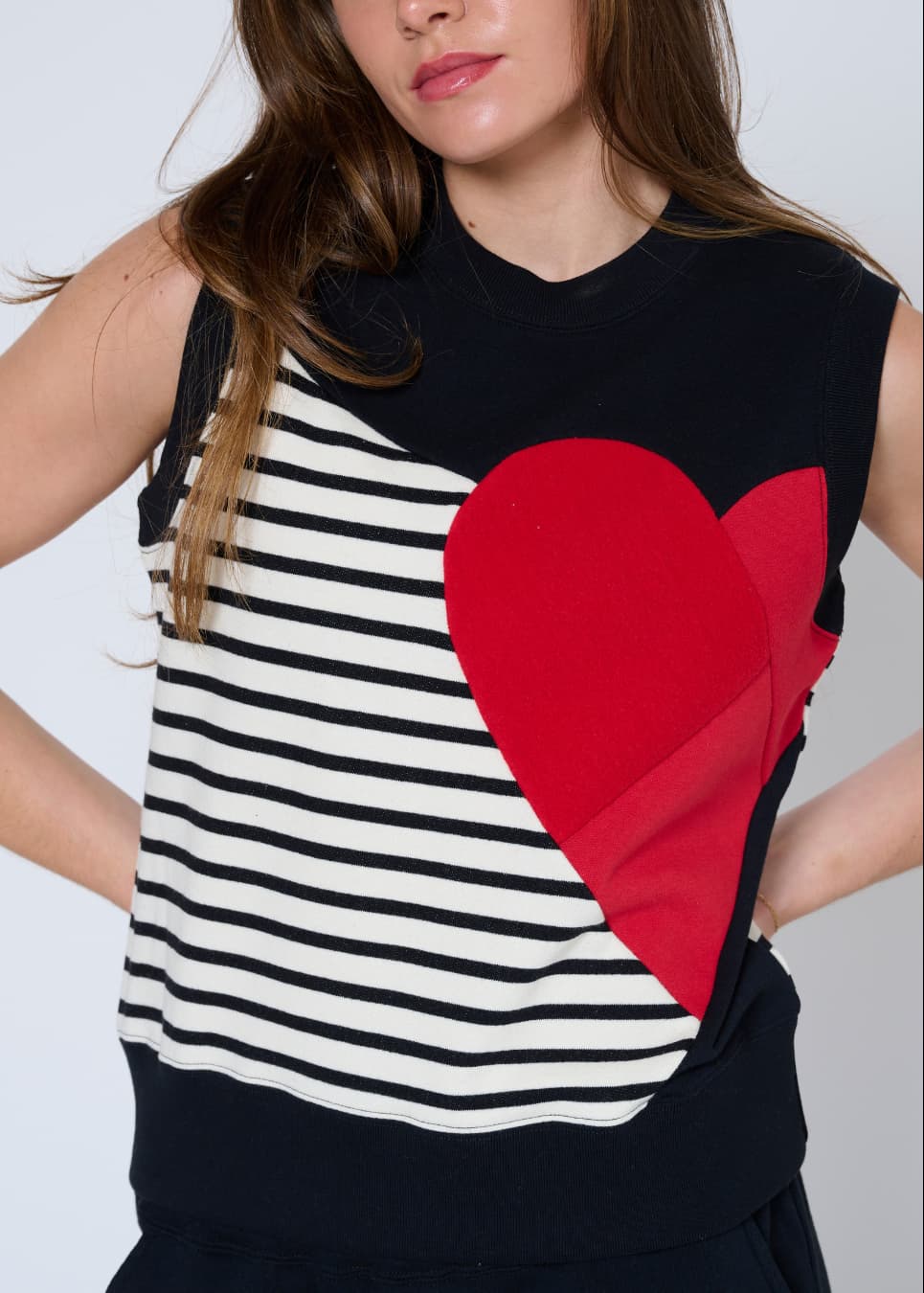 Sleeveless striped cotton vest with red heart appliqué, Preloved, front view — Lemonberry Aurora
