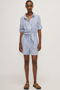 Front view of Sury Romper by Melissa Nepton in striped linen, available at Lemonberry Aurora Ontario
