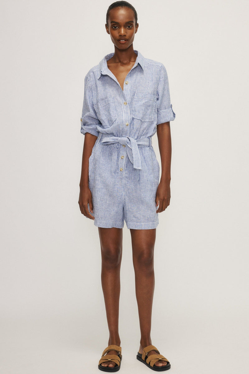 Front view of Sury Romper by Melissa Nepton in striped linen, available at Lemonberry Aurora Ontario
